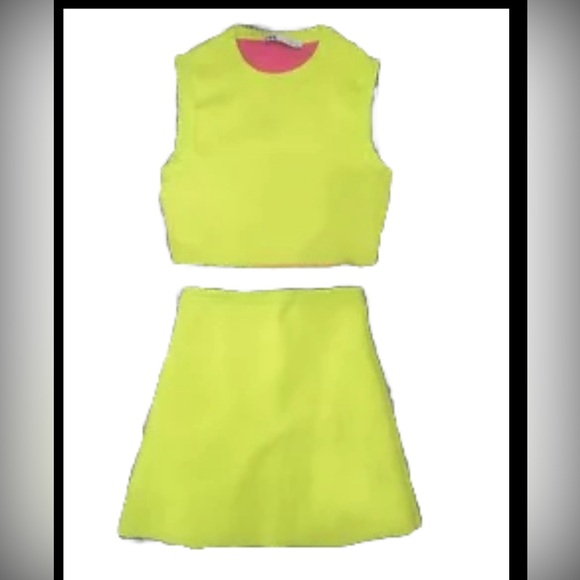 Zara 2 Pc Set Stretch Skirt & Top In Acid Green/ Yellow Color Women Sz S/ M - Picture 3 of 11